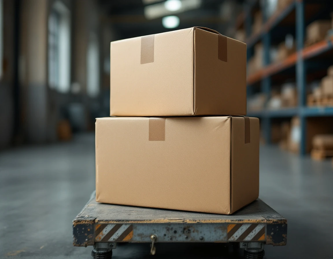 Three cardboard packages stacked on blank shipping scale in warehouse setting with natural lighting