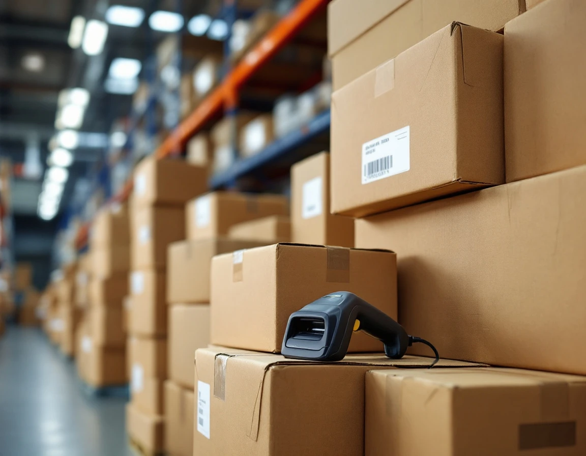Stacked cardboard shipping boxes with barcode scanner in warehouse setting showing authentic packaging materials