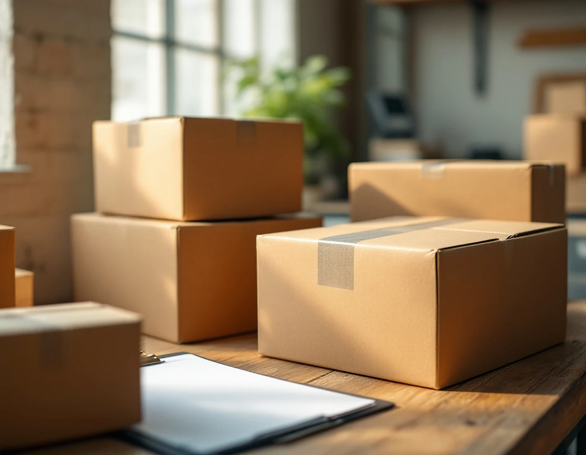 Corrugated cardboard shipping boxes on wooden desk with natural lighting in pack-and-ship workspace