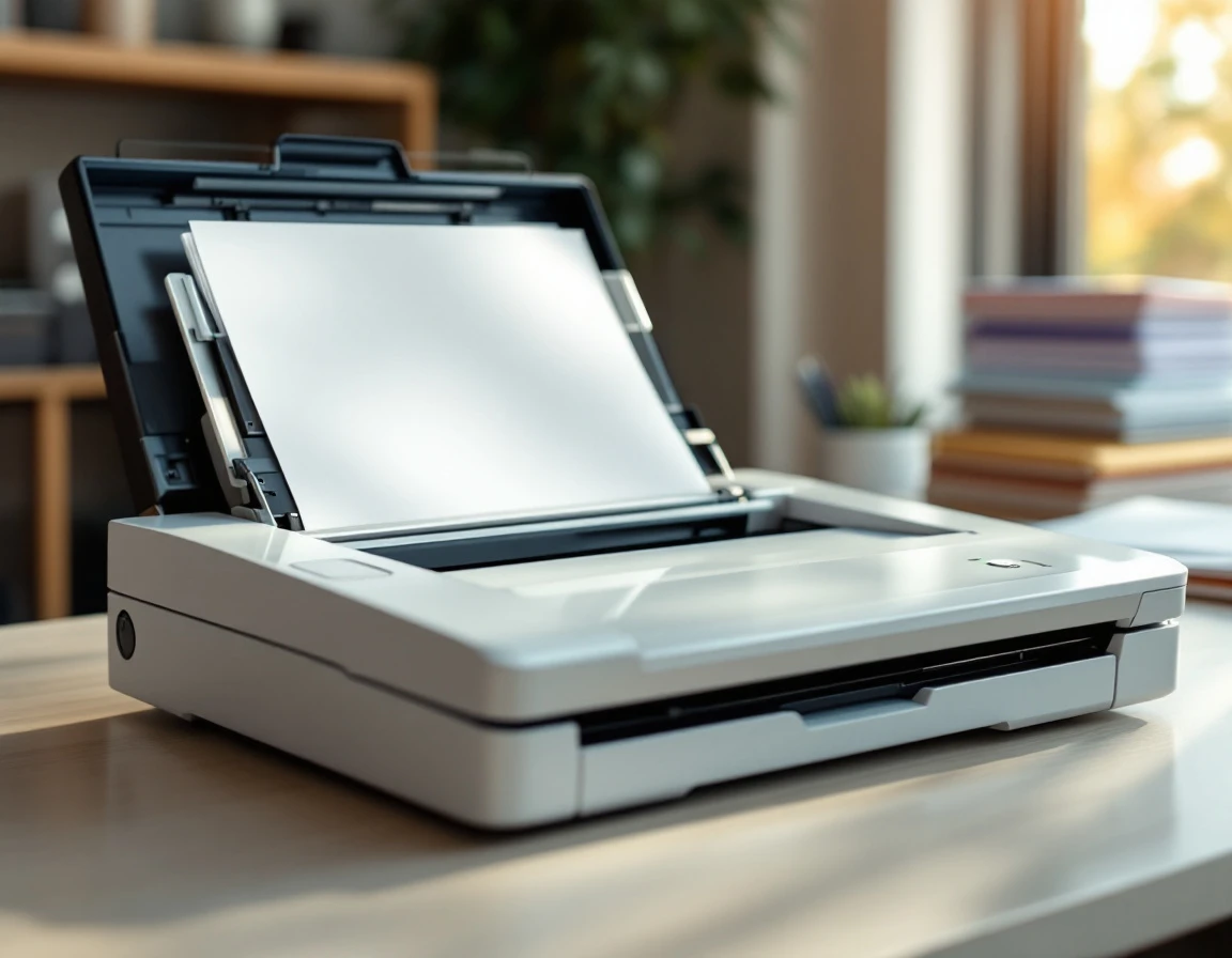 Professional document scanner on office desk with organized workspace and natural lighting