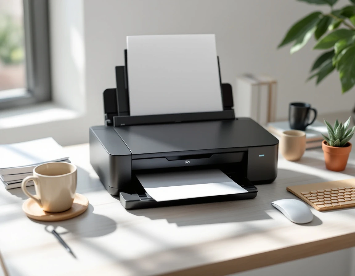 Professional flatbed scanner on white desk with office accessories and natural lighting