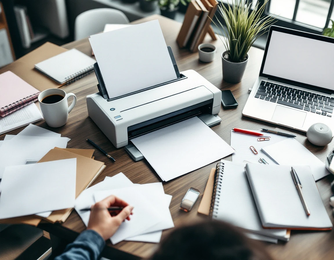 Desktop scanner on cluttered office desk with blank papers and folders in natural workspace setting