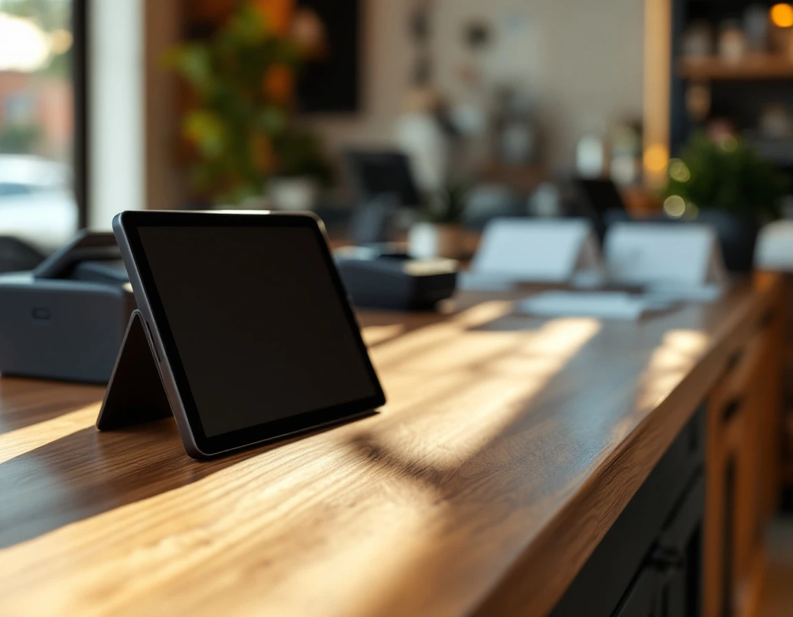 Modern POS tablet terminal on wooden retail counter with natural lighting and selective focus depth of field