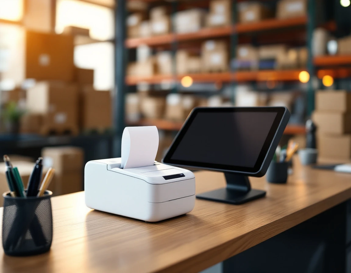 POS terminal and thermal printer on retail counter in package shipping center