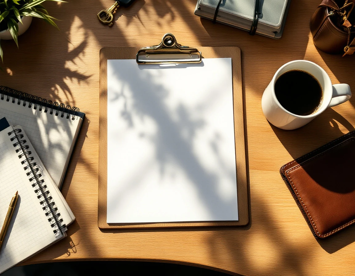 Organized desk workspace with clipboard, notebook, coffee, and personal items in natural window lighting
