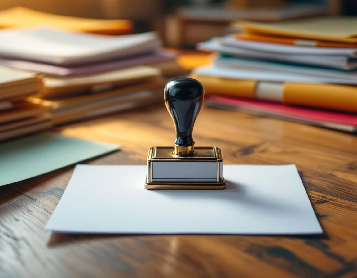 Compliance stamp on organized paperwork with file folders on wooden office desk
