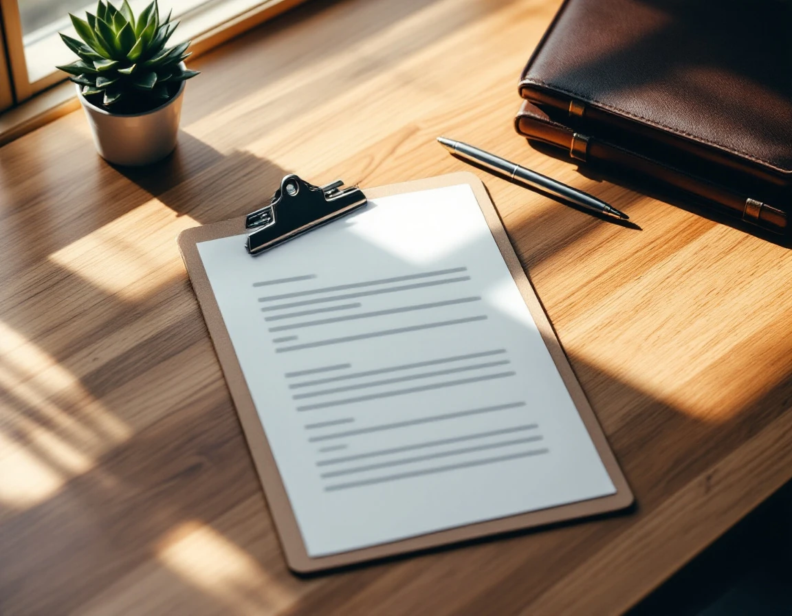Clipboard with blank checklist document on wooden office desk with notebooks and plant