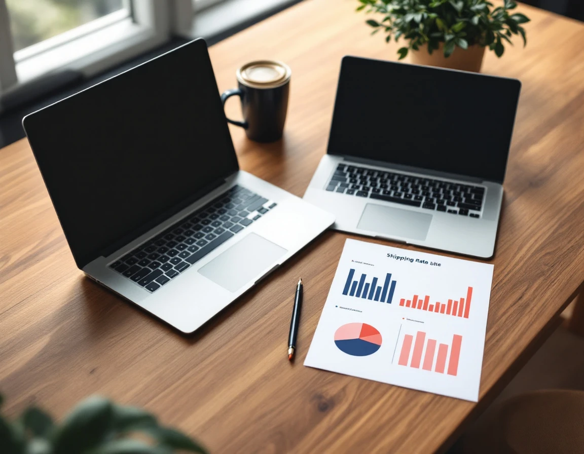 Overhead view of shipping rate comparison charts and laptop on office desk workspace