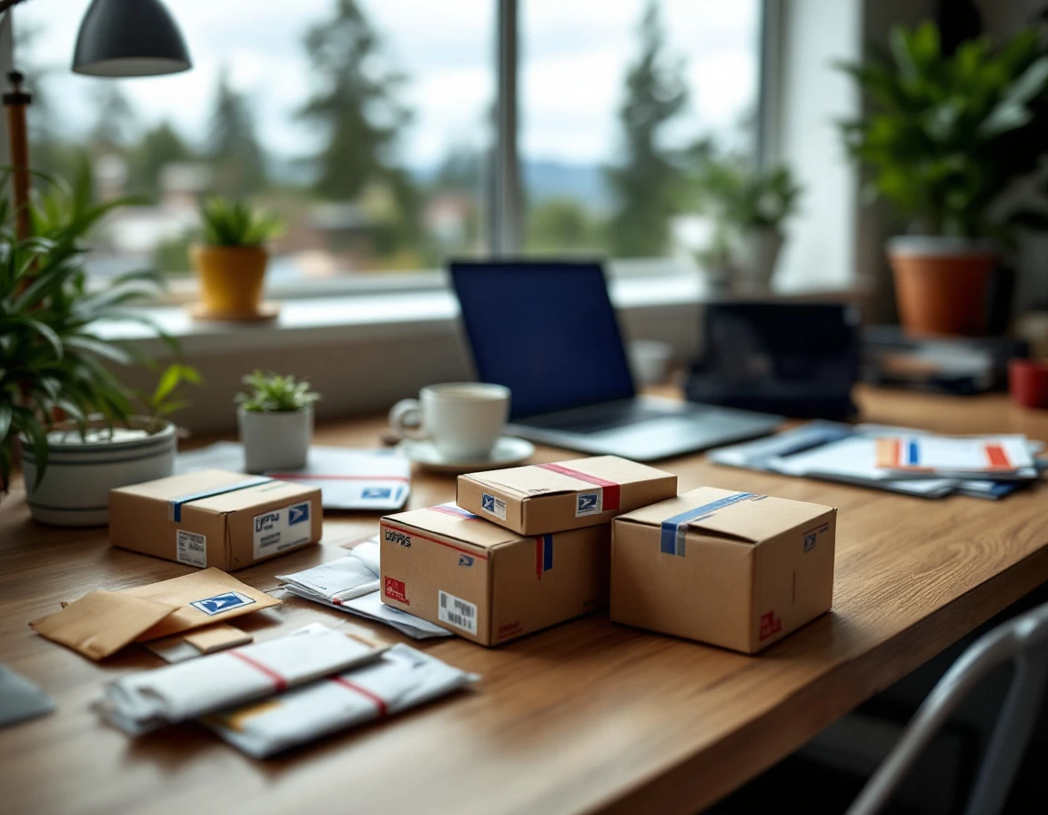 USPS shipping materials and packaging supplies arranged on a home office desk in natural window light