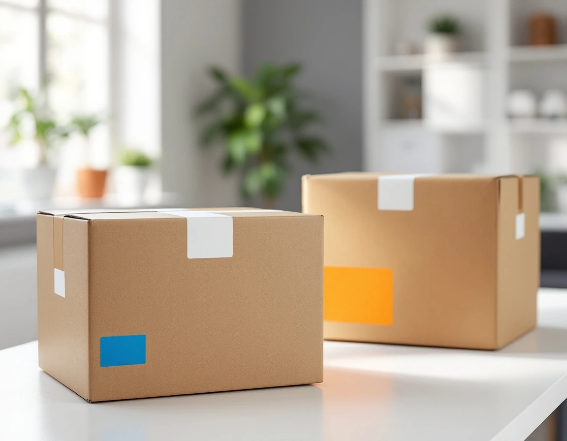 Three shipping boxes with colored rate category labels arranged on office desk showing realistic packaging materials