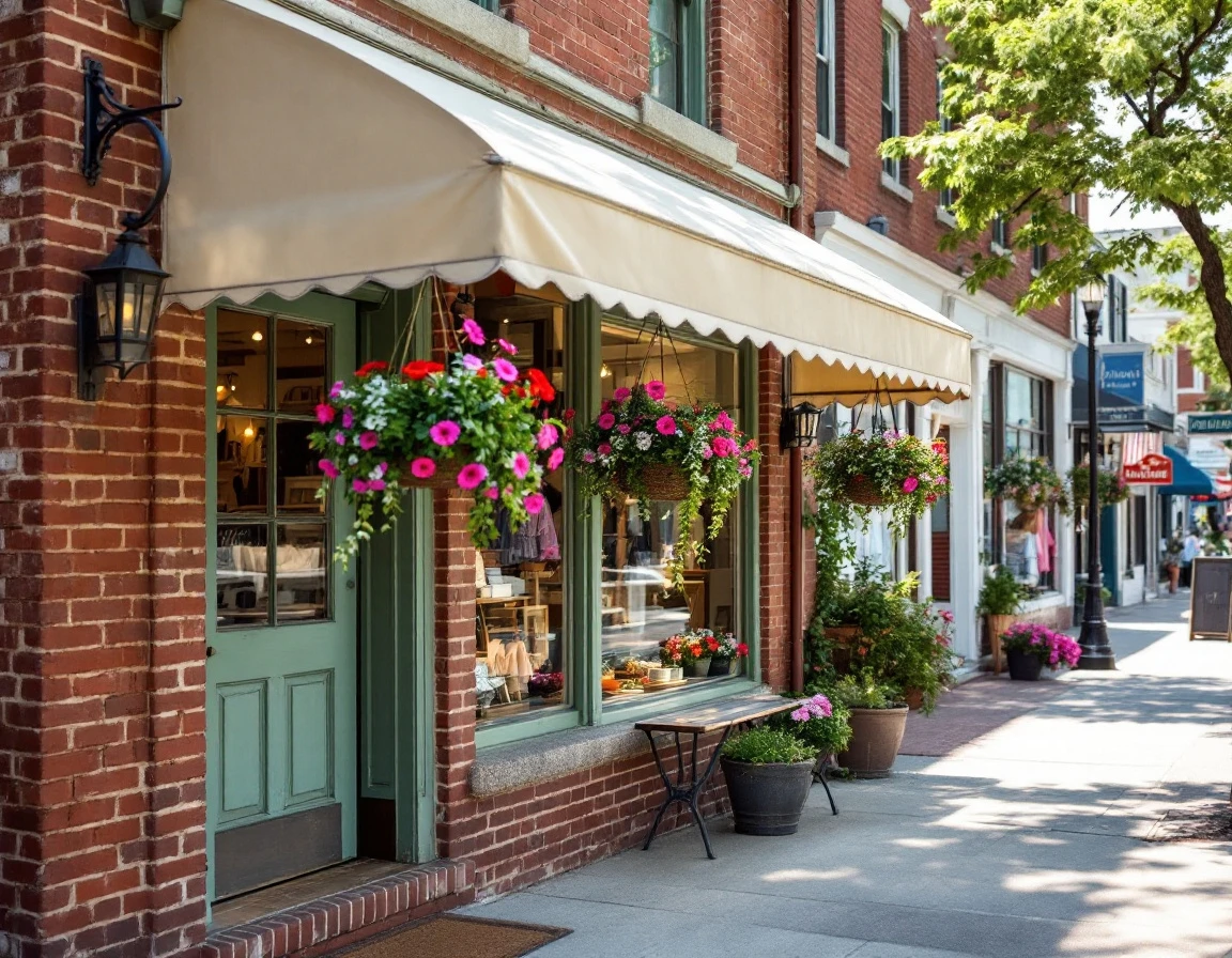 Small-town storefront with summer flower baskets and awning along sunny main street sidewalk