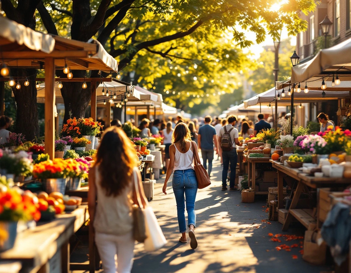Local summer farmers market with vendor stalls, fresh produce, and community shoppers on a tree-lined street