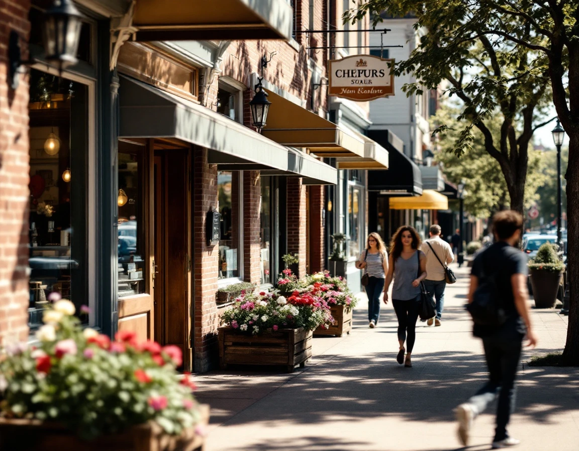 Summer retail street with independent storefronts, flowering planters, and pedestrian foot traffic