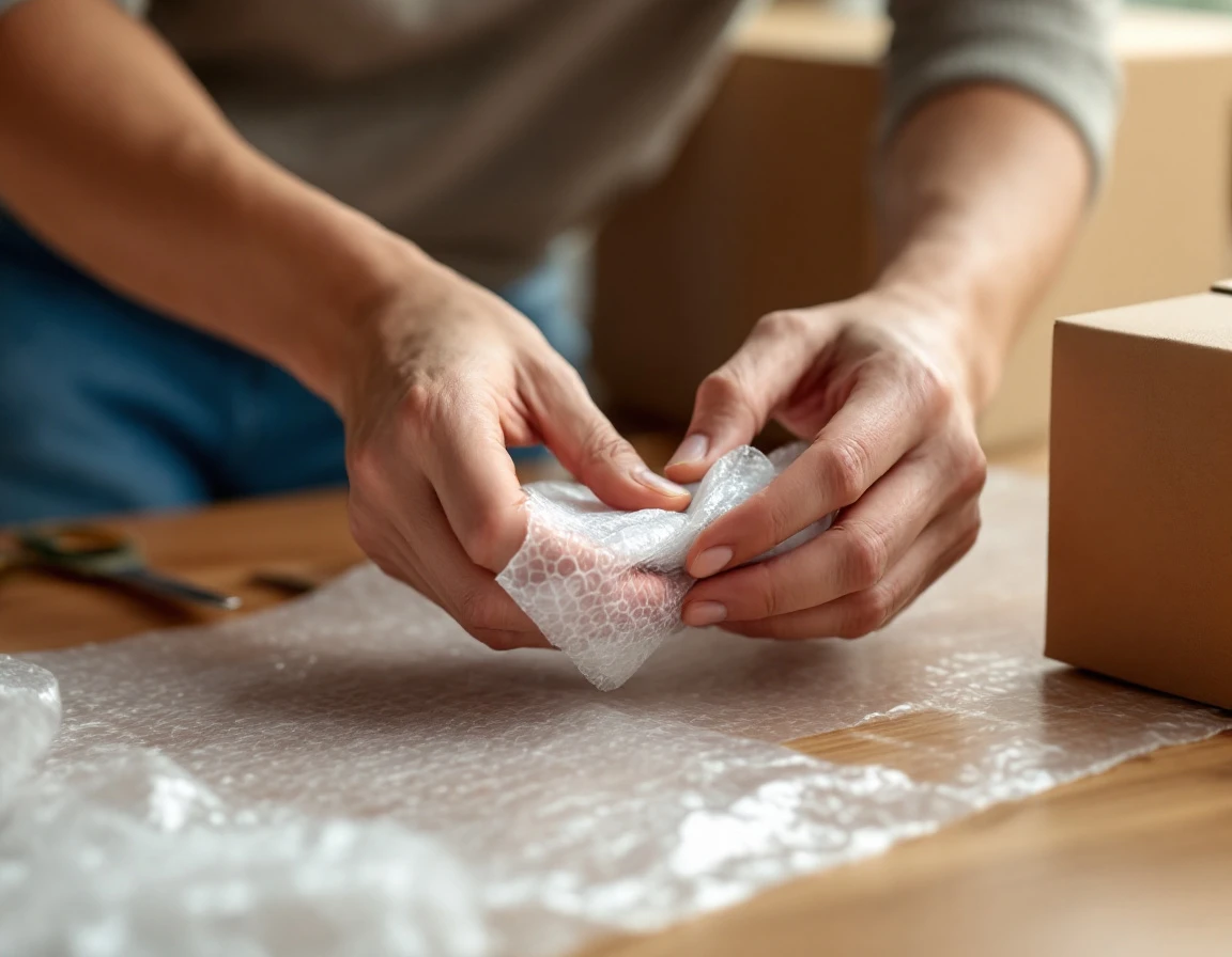 Hands wrapping fragile items in bubble wrap with blank cardboard boxes for college dorm shipping preparation