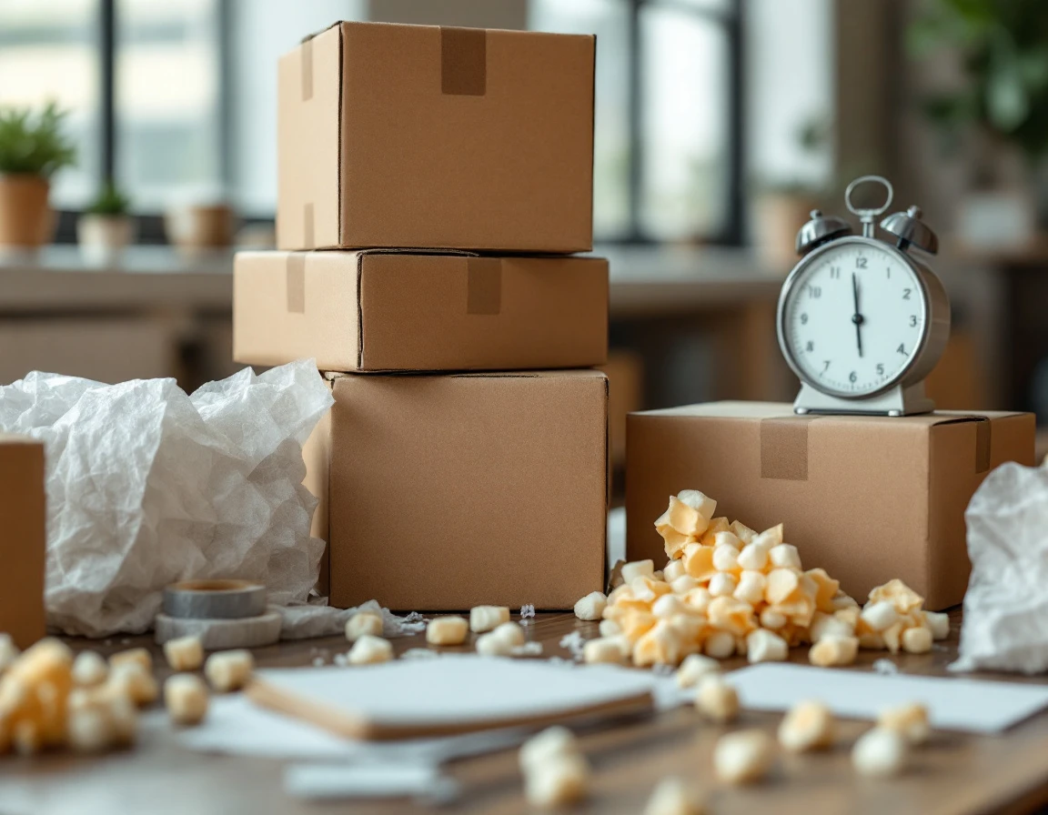 Cardboard boxes with packing materials and analog scale on office desk for shipping preparation