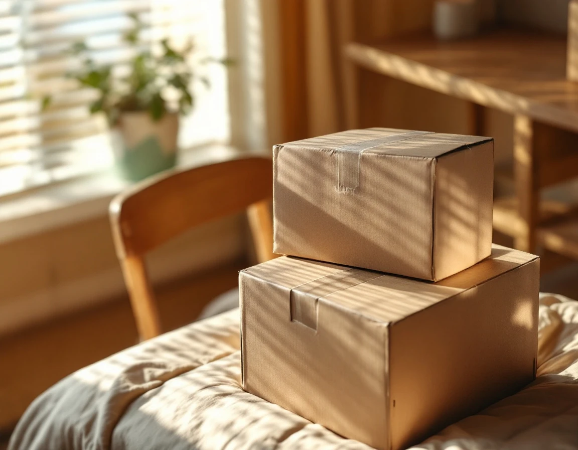Cardboard shipping boxes stacked on a college dorm bed with natural window lighting