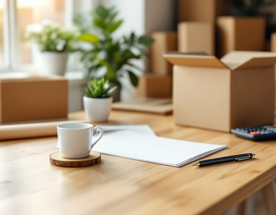 Clean wooden desk workspace with coffee, kraft paper, and shipping supplies in natural morning light