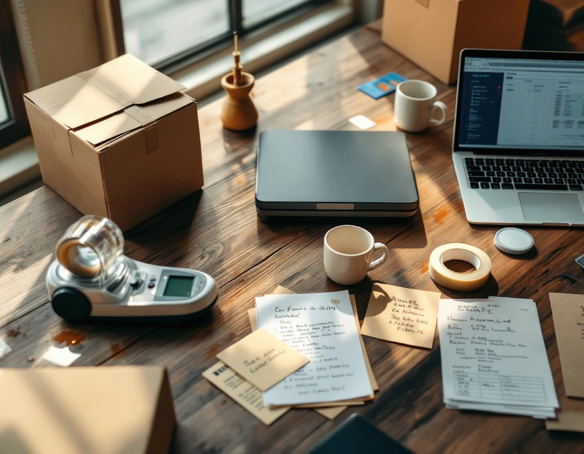 Pack-and-ship store workspace with shipping materials, pricing documents, and business tools arranged on desk