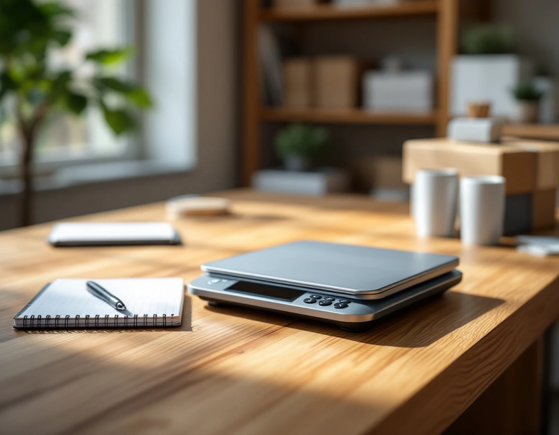 Digital scale on wooden desk with shipping supplies and notebooks in professional workspace