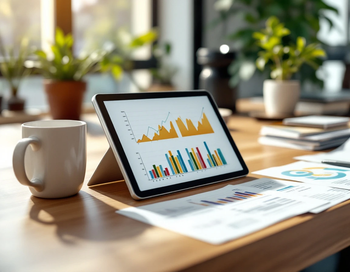 Modern retail desk workspace with tablet showing business analytics graphs and printed reports