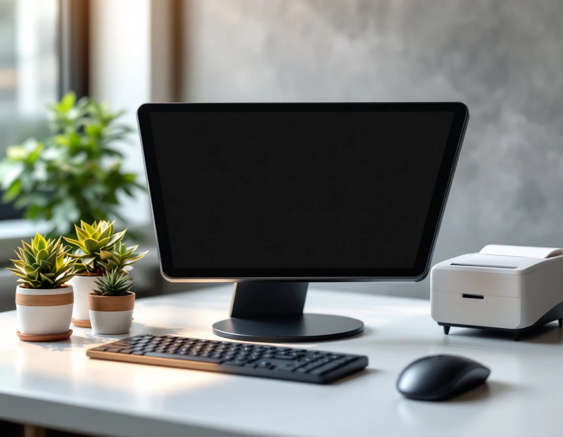 Modern point-of-sale terminal on minimalist retail desk with succulents and wireless peripherals