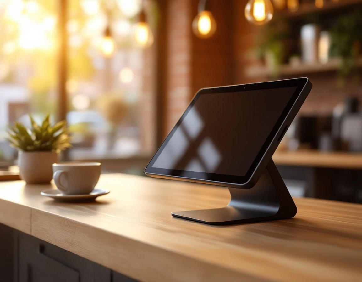 Modern POS terminal on retail counter with screen turned away, surrounded by cafe accessories in warm natural light