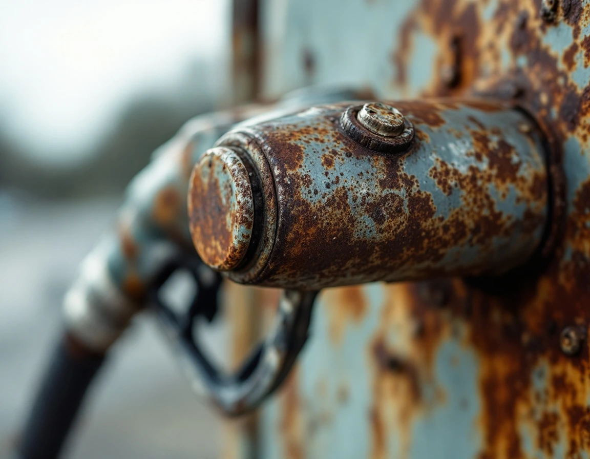 Weathered fuel pump nozzle with rust and corrosion showing industrial wear from fuel price volatility