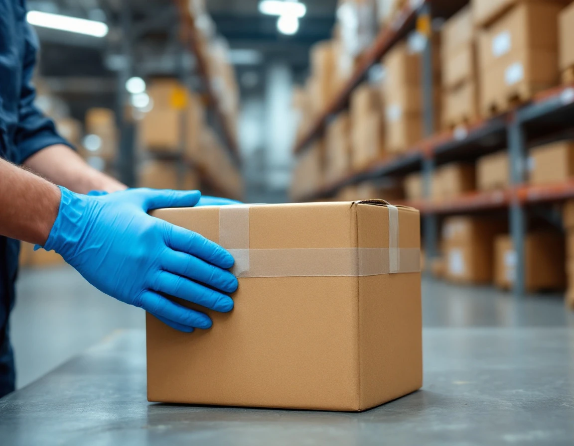 Warehouse worker in blue gloves sealing cardboard shipping box with packing tape in fulfillment center