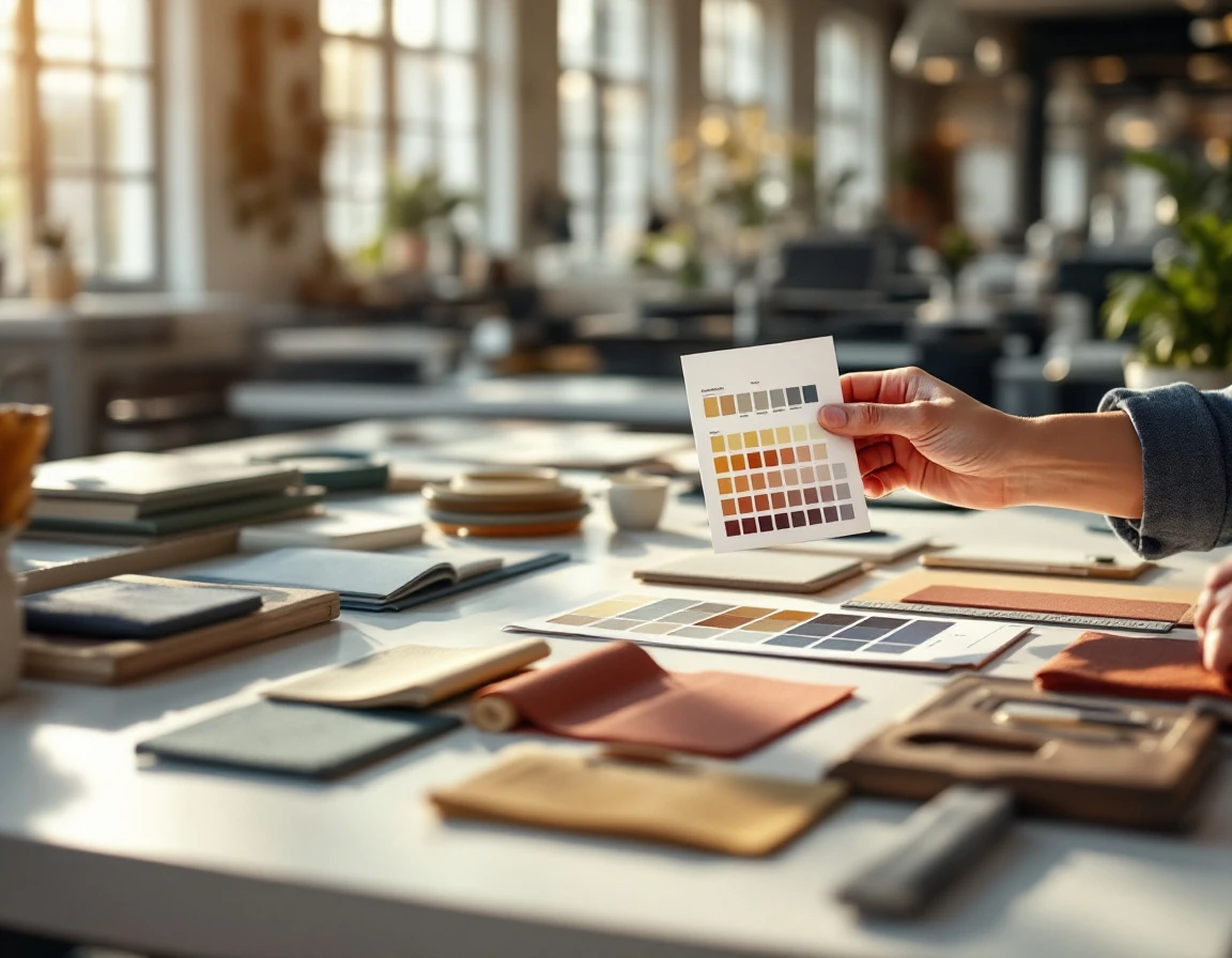 Hands examining color samples and material swatches on work surface in professional print shop with natural lighting