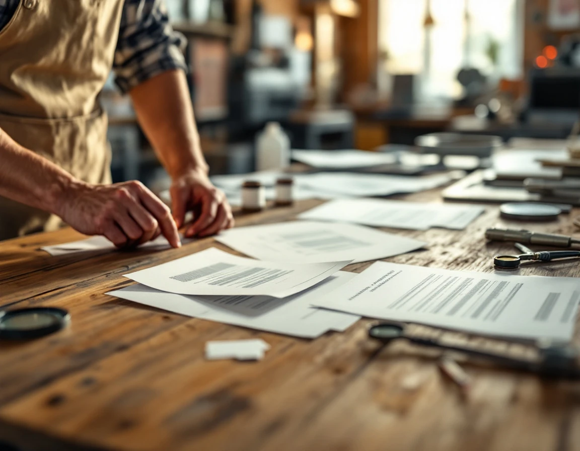 Print shop workspace with test samples showing imperfections used for team quality control training