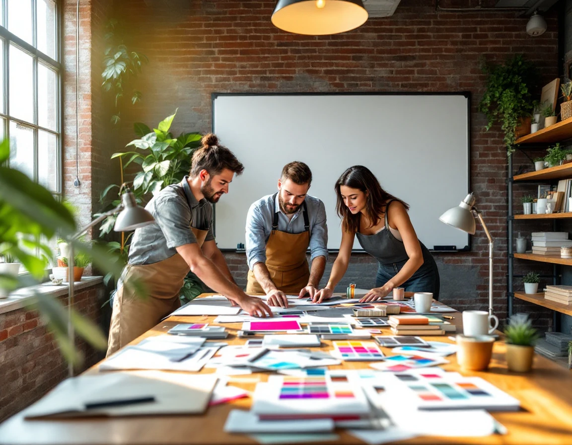 Print shop team collaborating over color swatches and design samples in modern industrial workspace