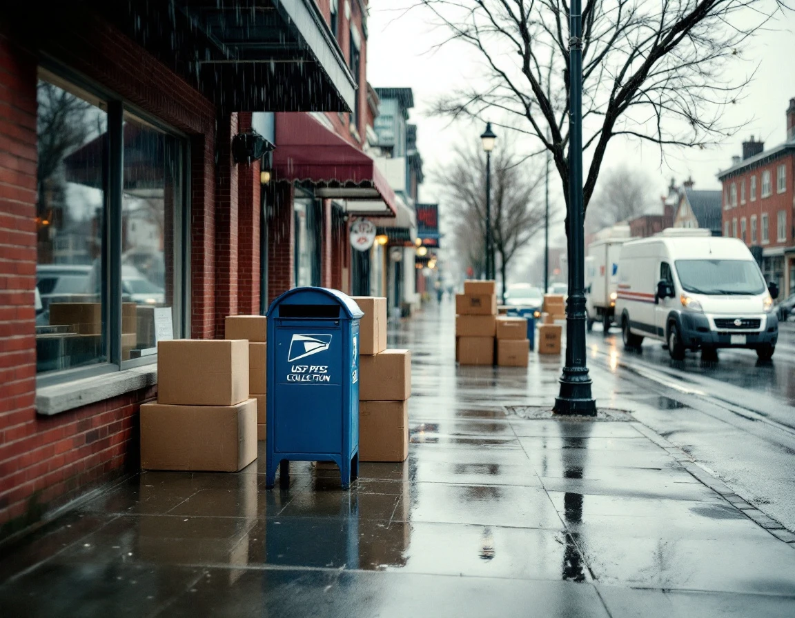 Rainy street scene with USPS mailbox and shipping boxes outside brick commercial buildings