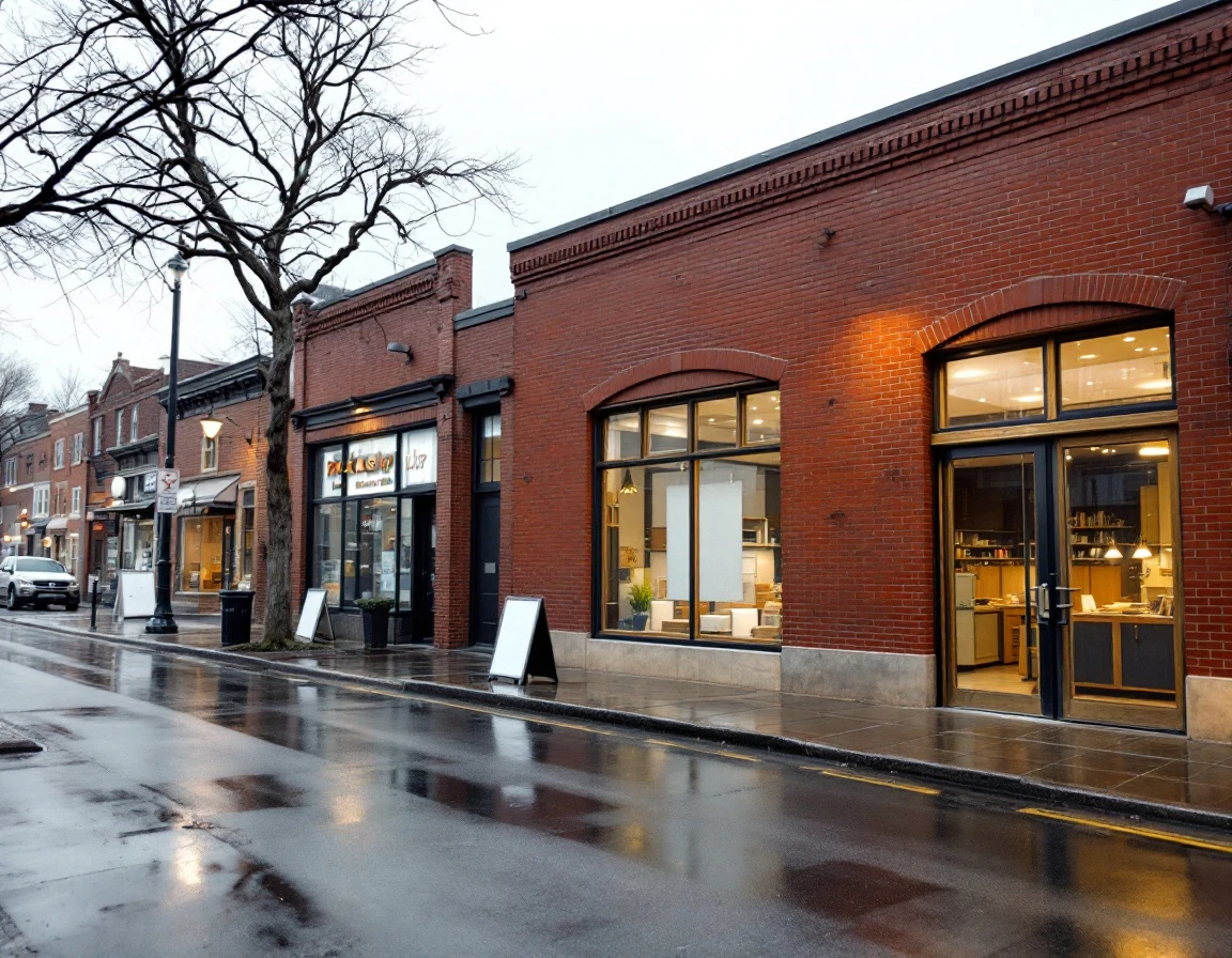 Brick commercial storefront in neighborhood business district with clean professional facade and delivery access