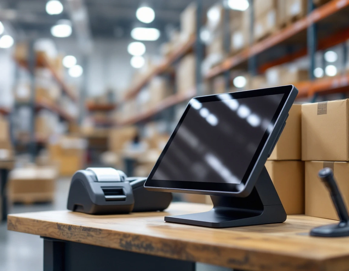 Modern POS terminal with thermal printer on warehouse shipping desk beside packing materials