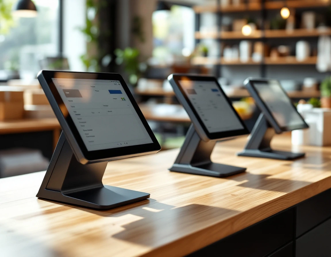 Modern POS terminals arranged on retail counter showing hardware detail and interface displays in shipping store