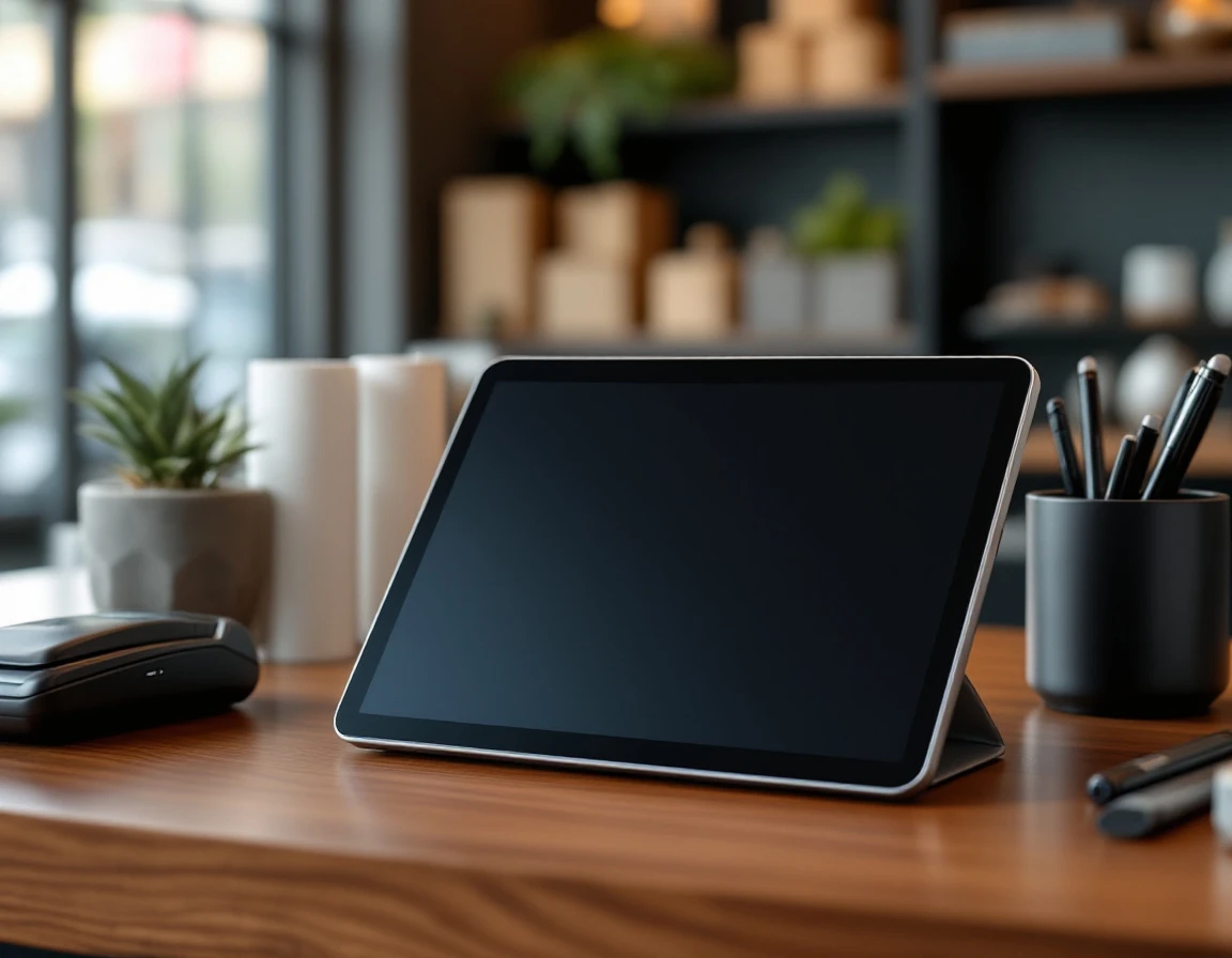Point-of-sale tablet and card reader on retail counter with natural window lighting
