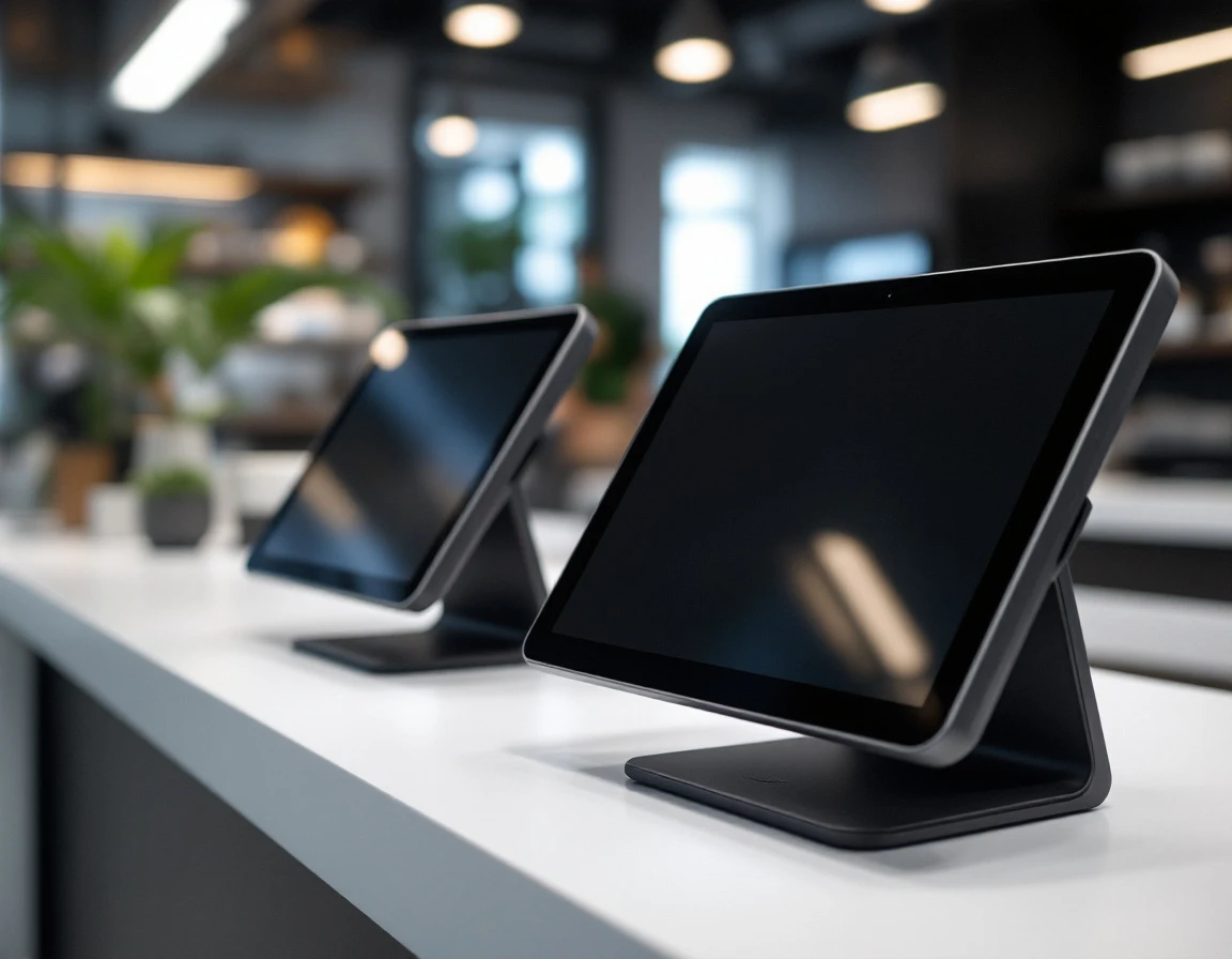 Modern POS tablet terminals on retail counter with natural lighting and clean commercial photography composition