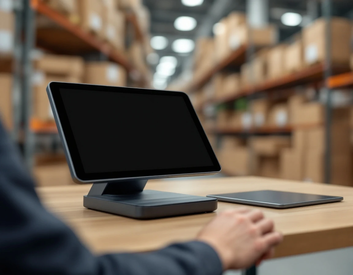 Payment terminal on retail desk with warehouse shelving and inventory in background