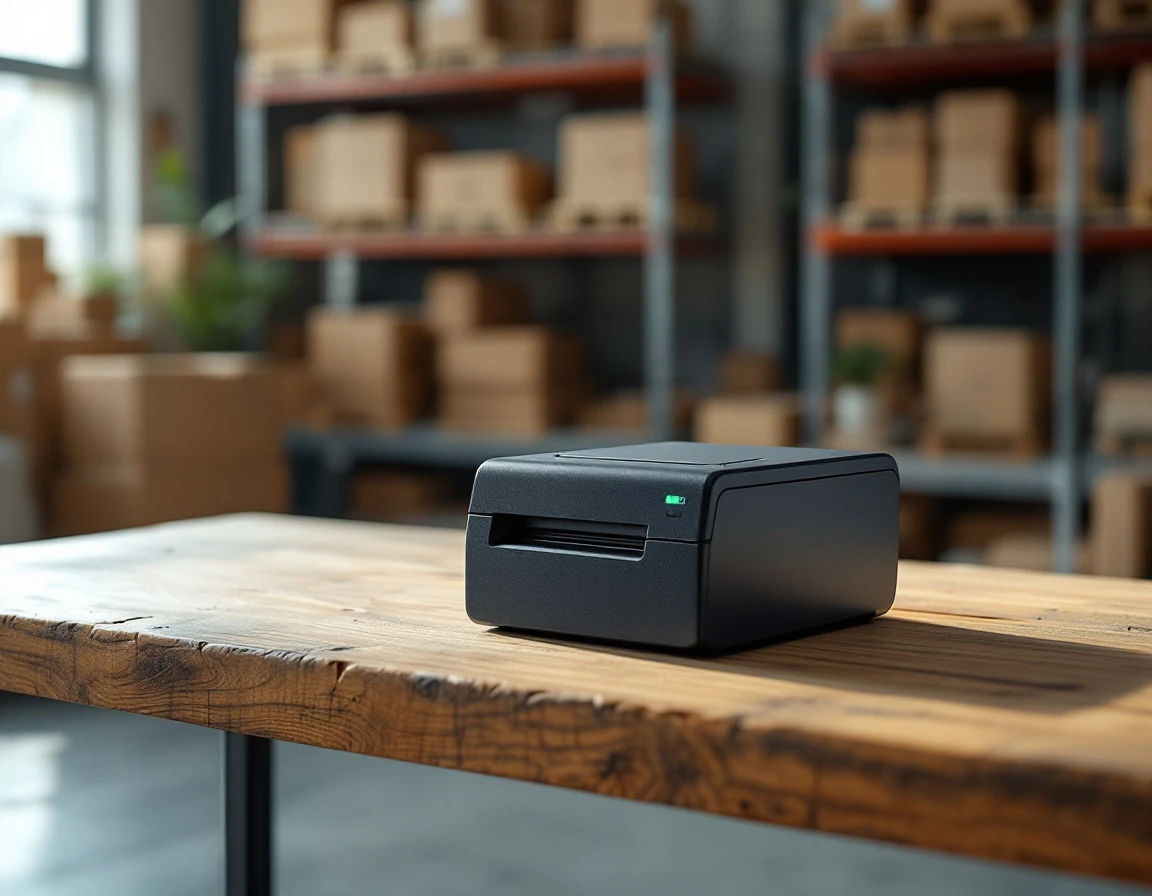 Thermal printer and scanner on retail counter in pack-and-ship fulfillment center with shipping boxes