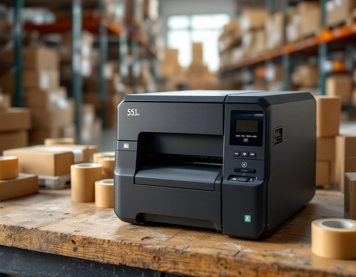 Thermal label printer on wooden workstation surrounded by shipping boxes in pack-and-ship warehouse