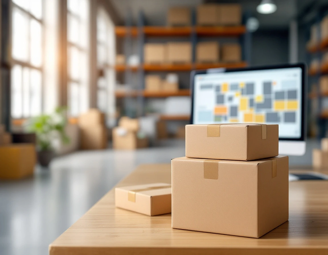 Unmarked cardboard packages on warehouse desk with blurred logistics workspace background