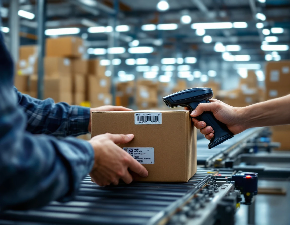 Warehouse worker scanning package with handheld device on conveyor system in USPS distribution facility