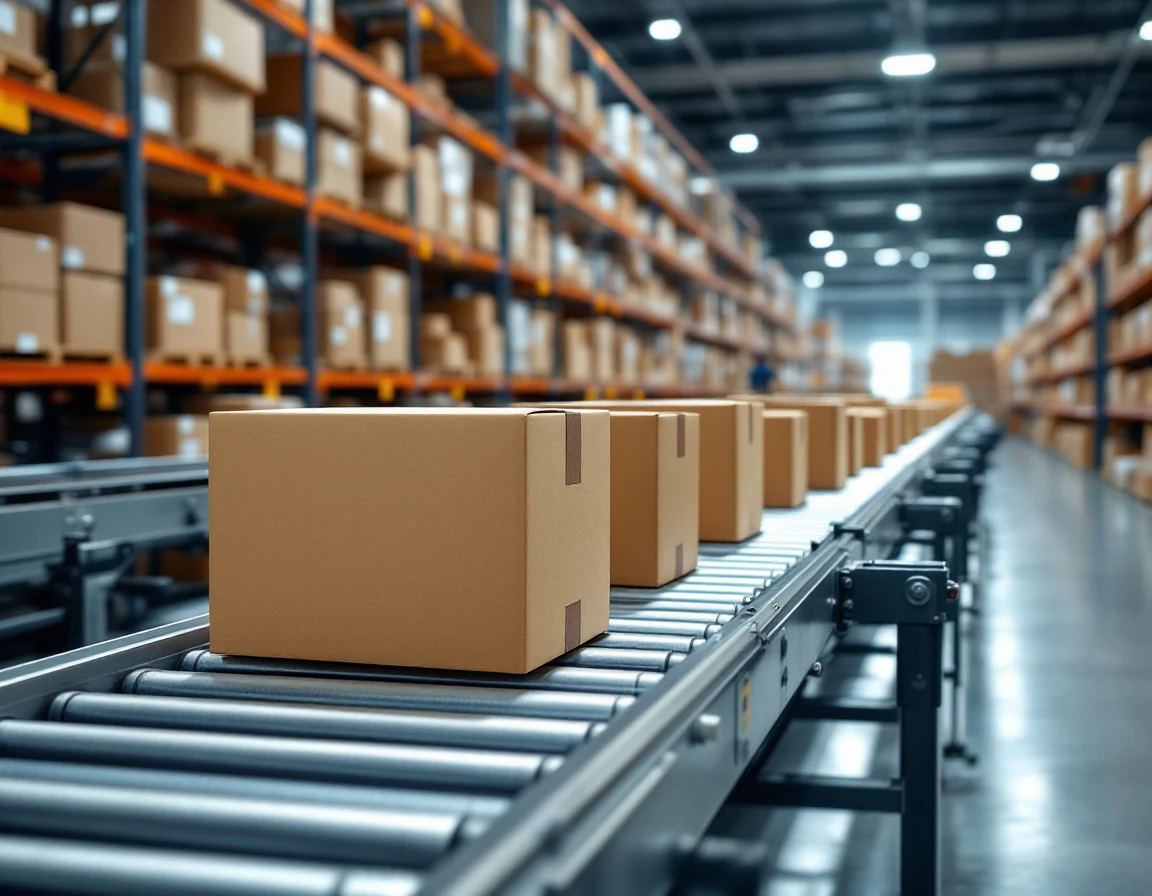 Conveyor belt system transporting unmarked cardboard packages through automated warehouse sorting facility