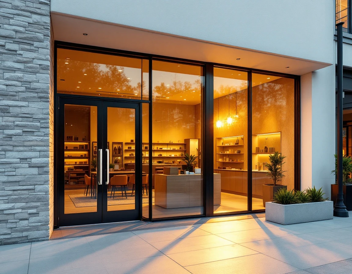 Modern pack-and-ship retail storefront with glass facade and warm interior lighting at golden hour