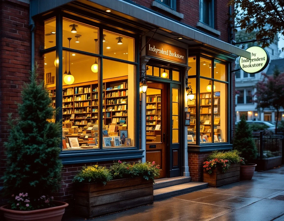 Independent storefront with warm interior lighting and welcoming entrance during evening hours