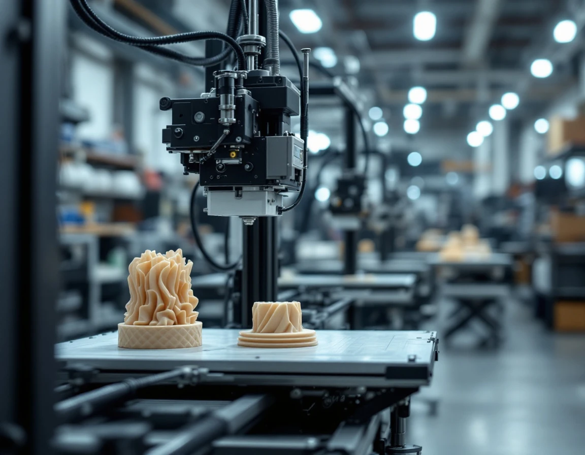 Industrial 3D printer in operation showing precision mechanics and freshly printed materials in professional shop