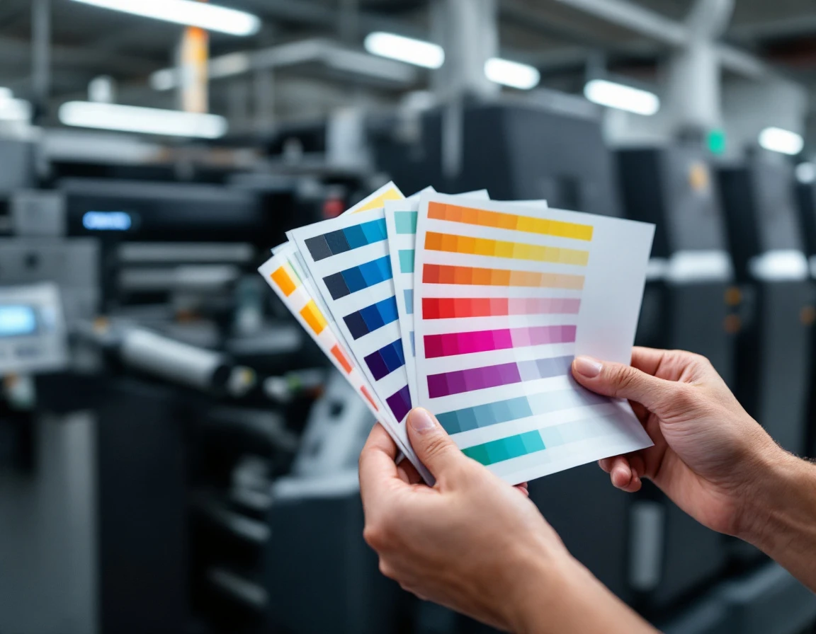 Print technician hands examining color calibration swatches in commercial printing facility