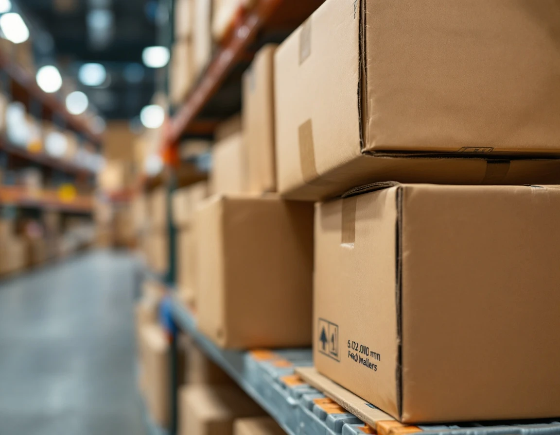 Close-up of corrugated cardboard boxes and padded mailers stacked on warehouse shelf with natural lighting