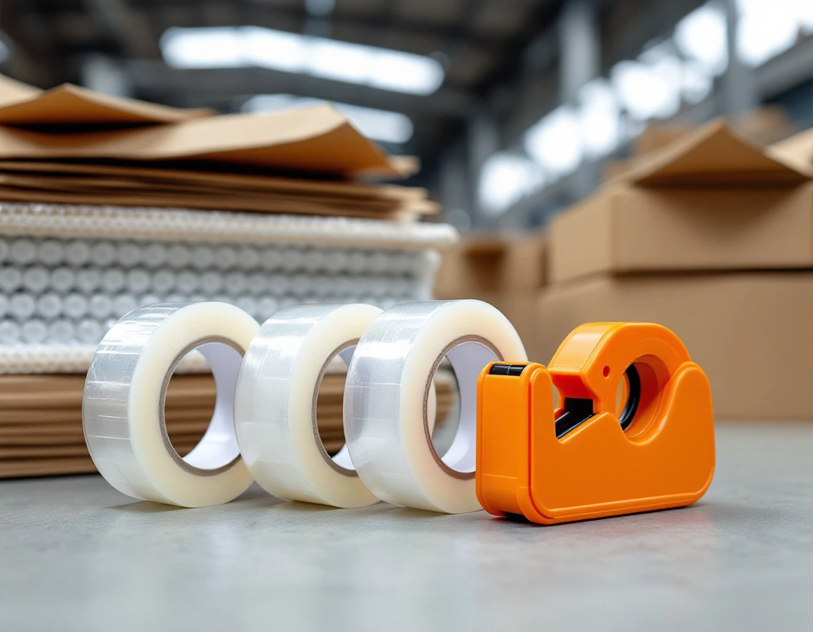 Packing tape rolls and dispenser with bubble wrap and kraft paper on warehouse surface