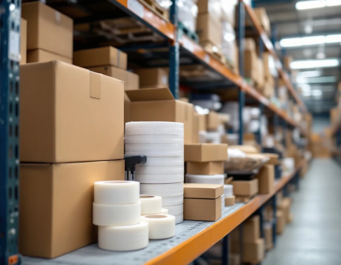 Cardboard boxes and packing supplies organized on warehouse shelving for holiday shipping season